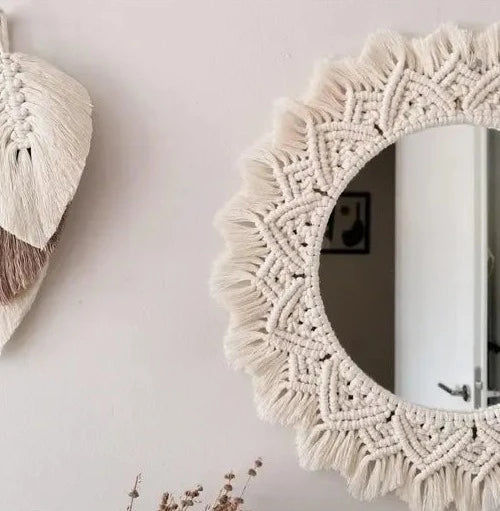 White Macrame Wall Hanging Dream Catcher Mirror - Leechoo